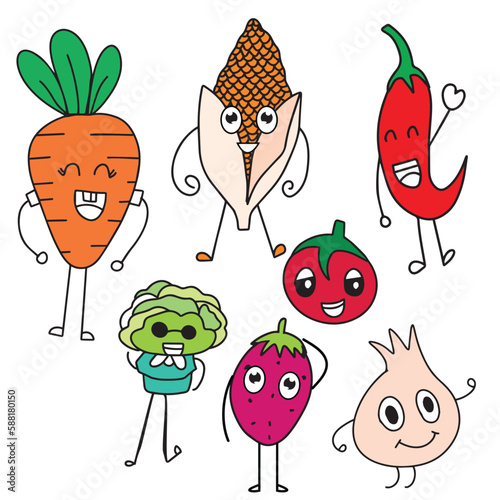 adorable cute vegetables character gesture. Funny vegetables go hand in hand after each other. Vector vegetable isolates in a cartoon style. Vitamins