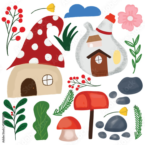 gnomes house watercolor along with other supporting elements. Digital painting watercolor gnome house, little house. vector illustration