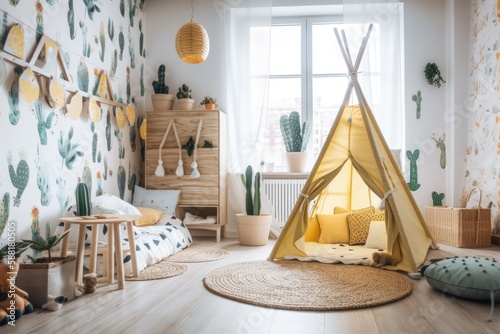 cozy and playful child's room with cactus-themed wallpaper and a teepee tent. Generative AI © AkuAku