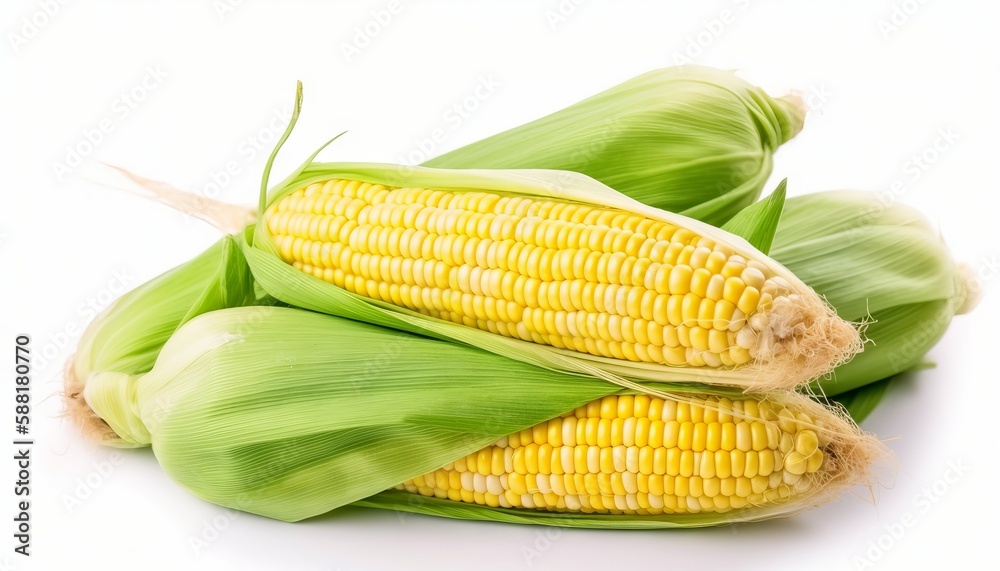 Fresh corn fruits with green leaves isolated on white background. Generative ai Fresh corn fruits with green leaves isolated on white background. Generative ai
