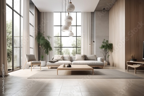 Contemporary Living Room with a Spacious Window. Generative AI photo
