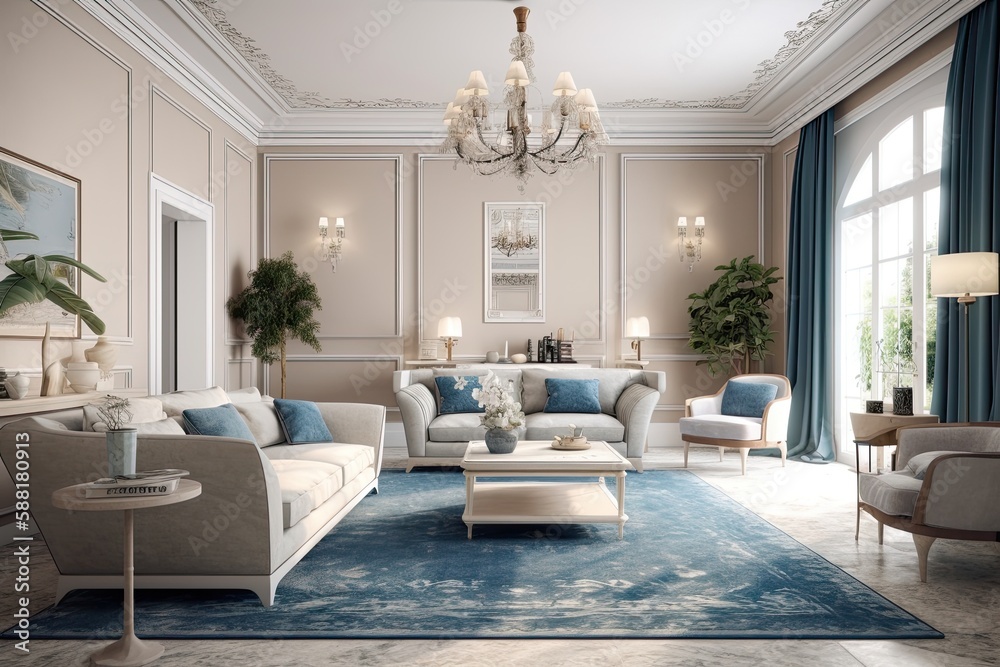 Fototapeta premium cozy living room with elegant furniture and a sparkling chandelier. Generative AI
