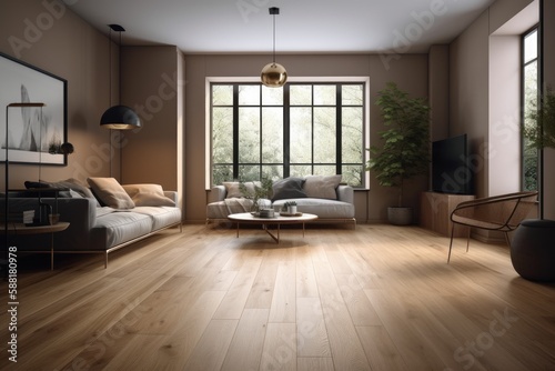 cozy living room with natural light streaming in through a large window. Generative AI
