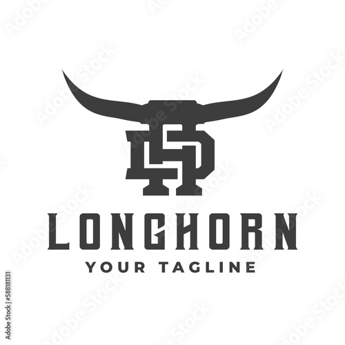 Buffalo Head Horn, Bull, cow, vintage Texas restaurant longhorn logo. letter D.H. Vintage farm company logo