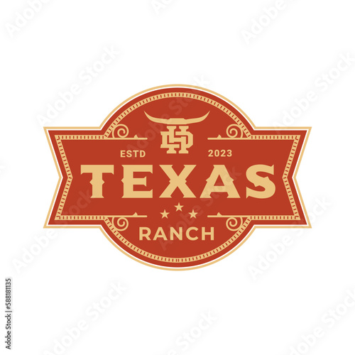 Vintage Retro Ranch Texas family Longhorn, Western State Bull Cow. Letter D,H Vintage Label Logo Design Emblem, Vector