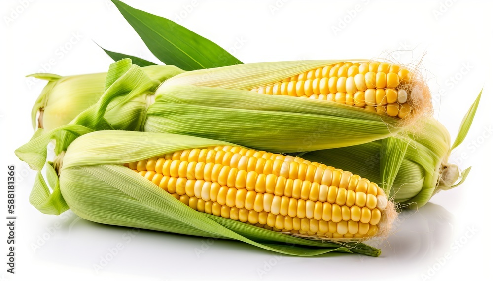 Fresh corn fruits with green leaves isolated on white background. Generative ai Fresh corn fruits with green leaves isolated on white background. Generative ai