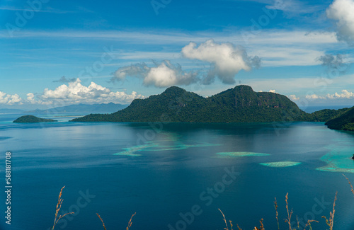 Scenic panoramic of Tun Sakaran Marine Park with tropical islands. Semporna, Sabah, Malaysia. © Alex Traveler