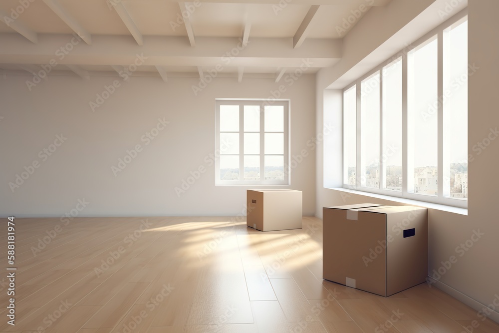 Fototapeta premium A minimalist room with moving boxes and a window, ideal for mockups or illustrating relocation ideas mockup, Generative AI
