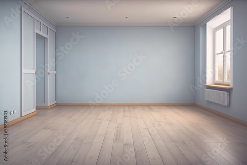 Mockup of an empty room with a wooden floor and blank walls, Generative AI