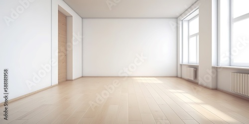 Empty room interior design mockup featuring a beautiful wooden floor, Generative AI