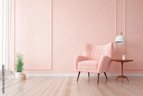 Pink wall empty room with armchair on wooden parquet floor mockup, Generative AI