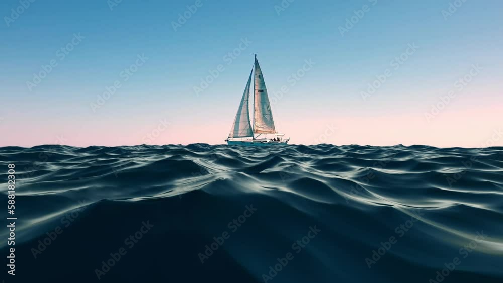 3D animation of sailboat sailing over ocean water waves at sunset. Low-angle water surface point of view