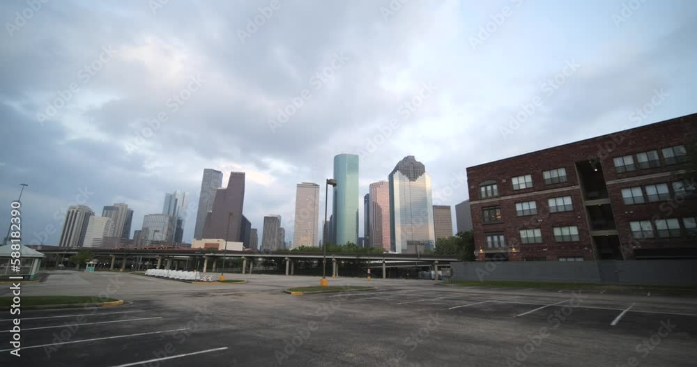 Low angle wide angle view of downtown Houston Low angle wide angle view of downtown Houston