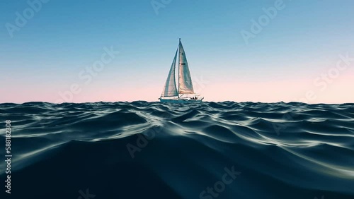 3D animation of sailboat sailing over ocean water waves at sunset. Low-angle water surface point of view photo