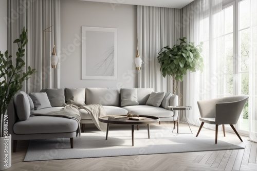 cozy living room with a spacious window and comfortable furniture. Generative AI © AkuAku