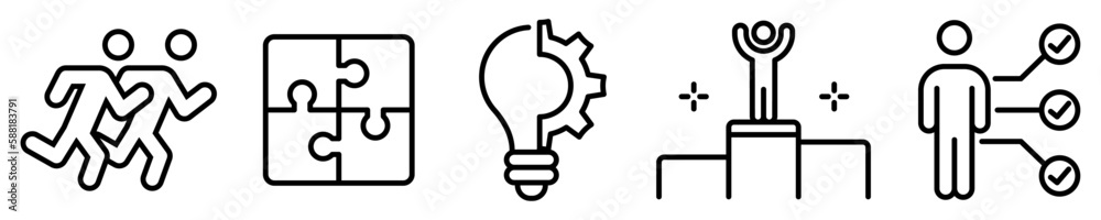 Conjunto de iconos de competencias. Concepto de negocio. Innovación, clasificación, estrategia empresarial, éxito. Ilustración vectorial Conjunto de iconos de competencias. Concepto de negocio. Innovación, clasificación, estrategia empresarial, éxito. Ilustración vectorial