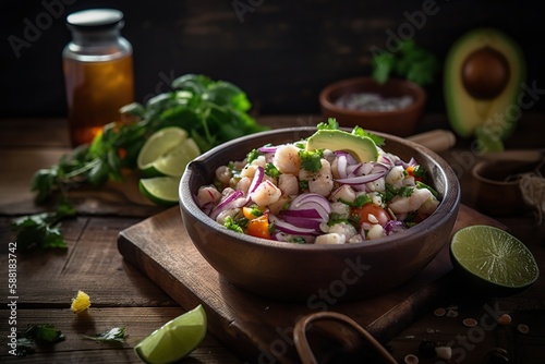Close up Delicious CEVICHE SEBICHE. Peruvian seafood and fish in a bowl, with beautiful kitchen background, and generative AI tools.