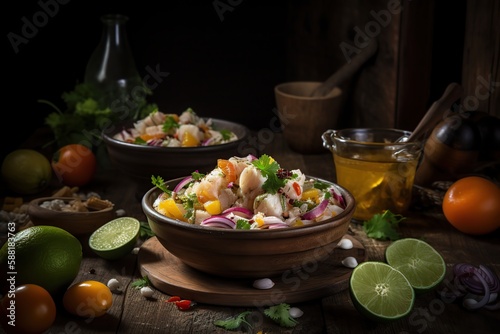 Close up Delicious CEVICHE SEBICHE. Peruvian seafood and fish in a bowl, with beautiful kitchen background, and generative AI tools.