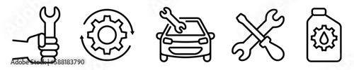 Conjunto de iconos de mecánica automotriz. Concepto de ajustes y configuración. Mantenimiento del vehículo. Ilustración vectorial