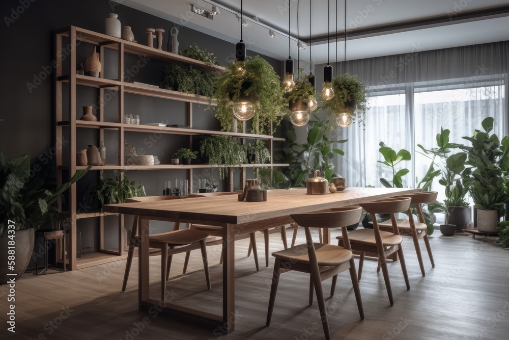 cozy dining room with a wooden table and lush greenery. Generative AI