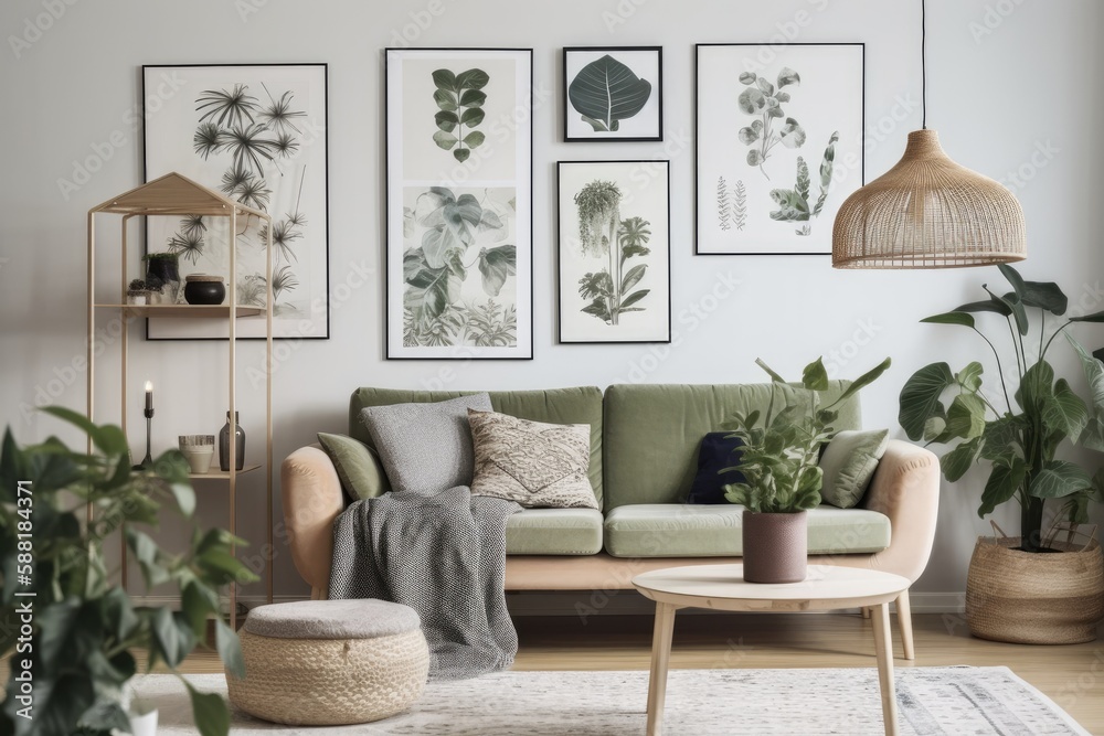 Fototapeta premium cozy living room with plants and furniture. Generative AI