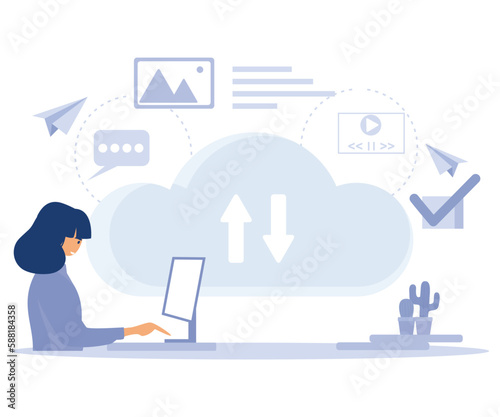 Cloud software concept, SaaS technology, cloud computing security, cloud based engine, data protection, virtual application, flat vector modern illustration