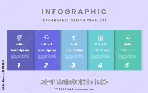Infographic template design with icons and 5 options or steps. Five colorful rectangular elements.square template design. Presentation business infographic template. Illustration vector 10 eps.