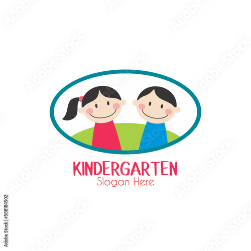 Preschool logo design. Kindergarten icon template. Play group education vector illustration