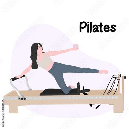 Woman doing exercises on a Pilates reformer machine - Pilates concept illustration photo