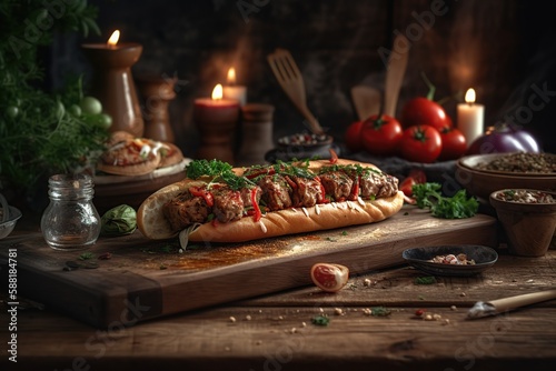 Board with tasty doner kebab on wooden table with beautiful kitchen background, generative AI tools.