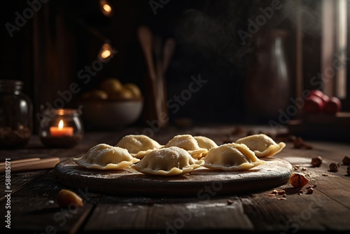 Close up of classic pierogies with beautiful kitchen background, generative AI tools.