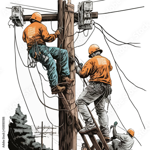 drawing of a team of electricians assemblers at work on a white background