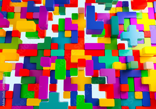 Children toy brick. Multicolored background. Texture from colorful blocks. Toy blocks for children. Children backdrop. Volumetric colorful blocks. Toy brick texture. Multicolored pattern. 3d image