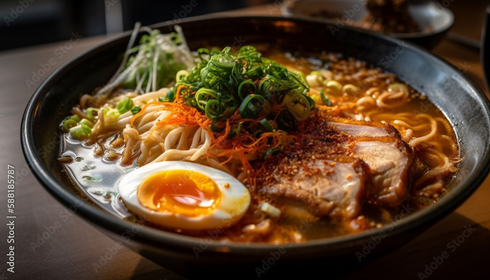 Homemade ramen served in a crockery bowl generated by AI