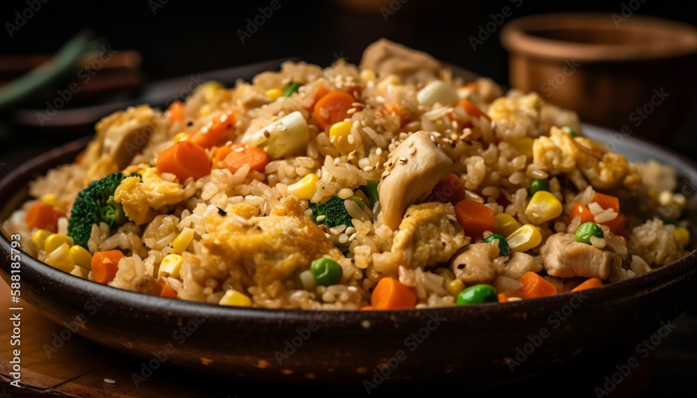 Fried rice and vegetable bowl, healthy meal generated by AI