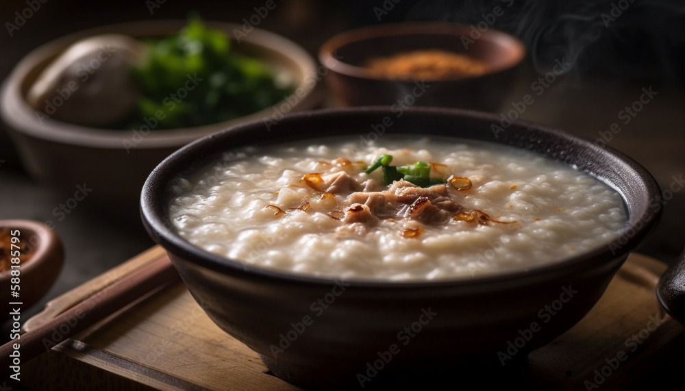Gourmet meal of rice porridge and vegetables generated by AI