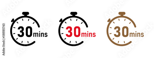 30 minutes timer, stopwatch or countdown vector icons