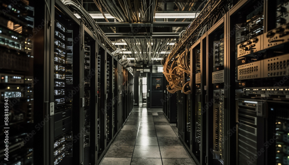 Obraz premium Computer equipment in storage room, network secured generated by AI