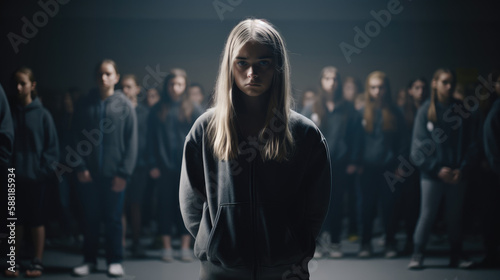Powerful image of a student standing up to a group of bullies, with a message of empowerment and support for victims of bullying. Generative AI