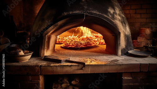 Baked bread in rustic wood stove oven generated by AI