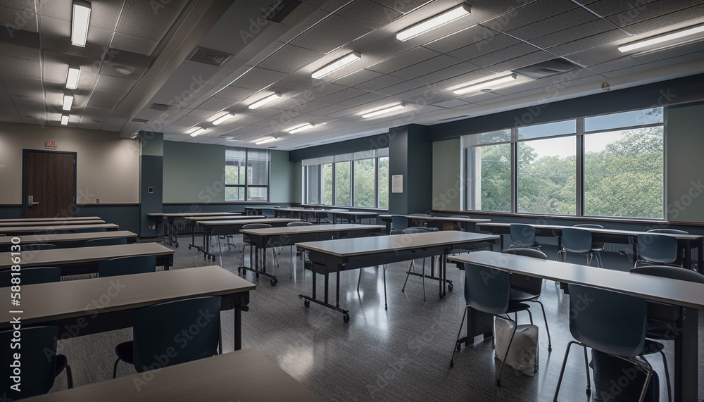 Fototapeta premium Empty modern classroom chairs, tables, and no people generated by AI