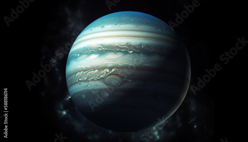 Orbiting sphere in deep blue galaxy background generated by AI