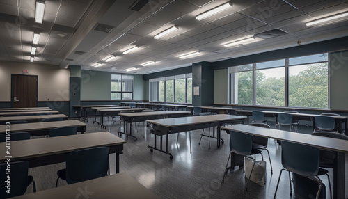 Empty modern classroom chairs, tables, and no people generated by AI