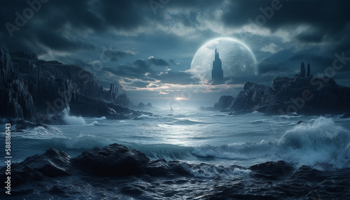 Majestic rock cliff illuminates spooky moonlight fantasy generated by AI
