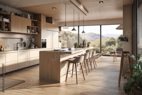 contemporary kitchen with a panoramic view of the mountains through a large window. Generative AI