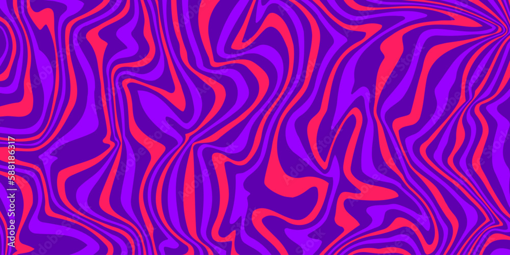 Retro groovy background. Wavy vintage psychedelic wallpaper. Red purple trippy pattern, cover, poster in 60s, 70s or 80s style. Liquid hippie texture. Vector