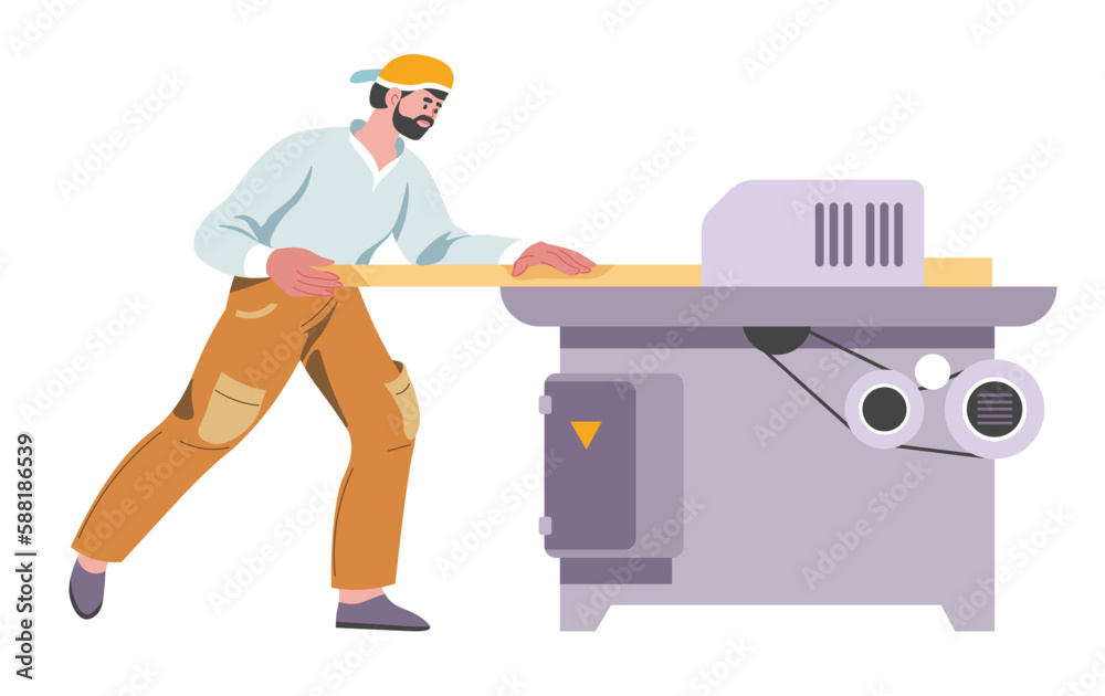 Carpenter using saw machine, woodworker vector