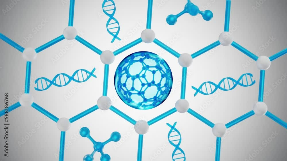 Transparent blue essence bubble with molecular structure inside, DNA strand and some rotating molecules around. Slow motion close up angle Transparent blue essence bubble with molecular structure inside, DNA strand and some rotating molecules around. Slow motion close up angle