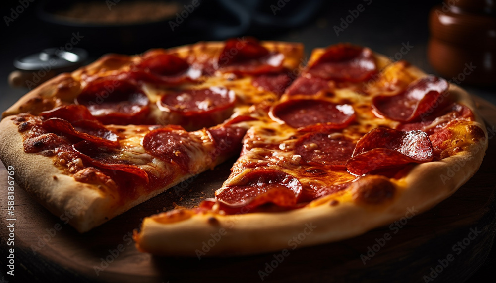 Freshly baked pizza on rustic wooden table generated by AI Freshly baked pizza on rustic wooden table generated by AI