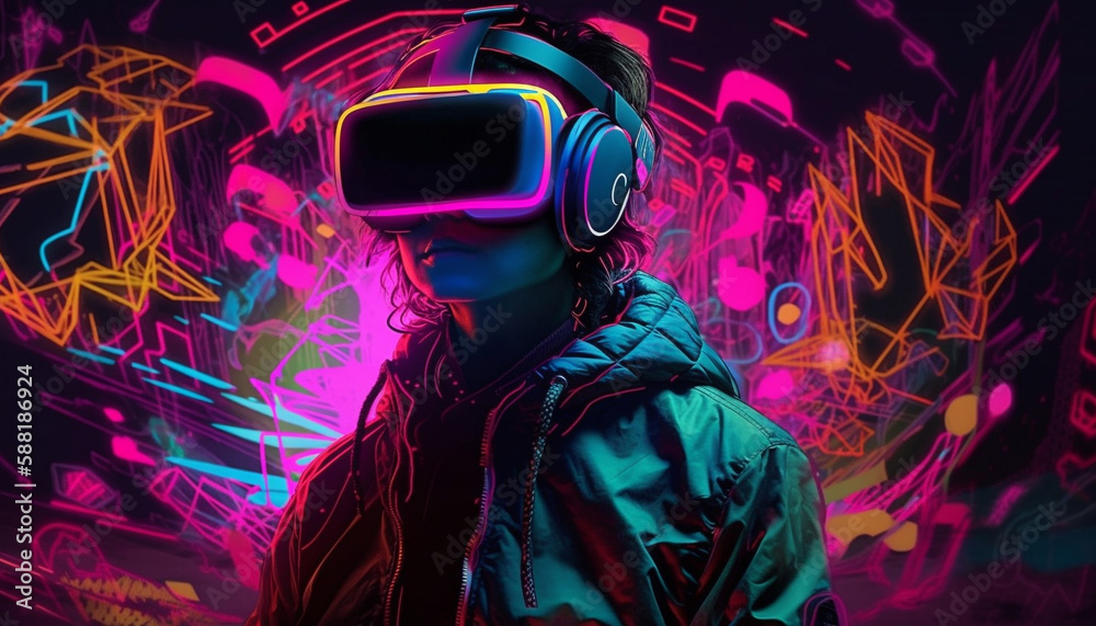 Futuristic cyborg men play virtual reality nightclub game generated by AI